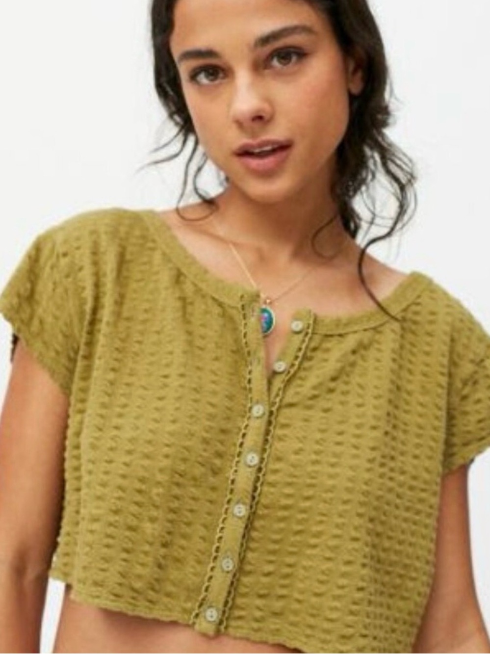 Urban Outfitters Olive Green Devon Boxy Button Up Cropped Blouse